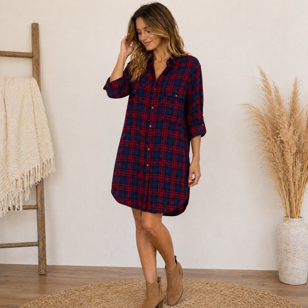 H&M Red Blue Plaid Longline Shirt Dress Tunic Sz 14